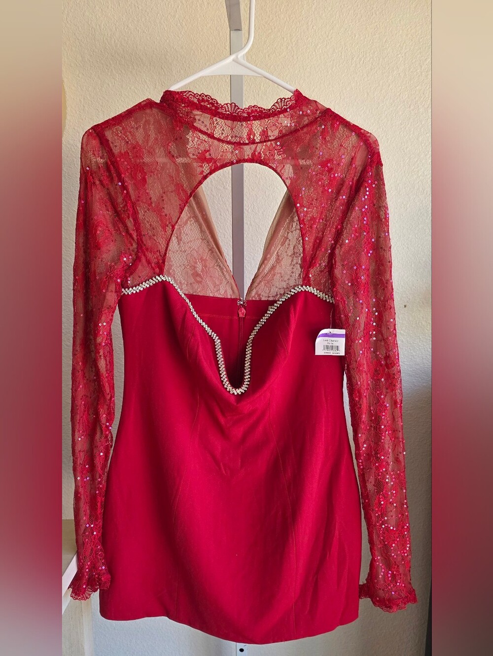 Mistress Rocks Rhinestone-Trim Red Lace Sleeve Bodycon Mini Dress - Picture 7 of 13